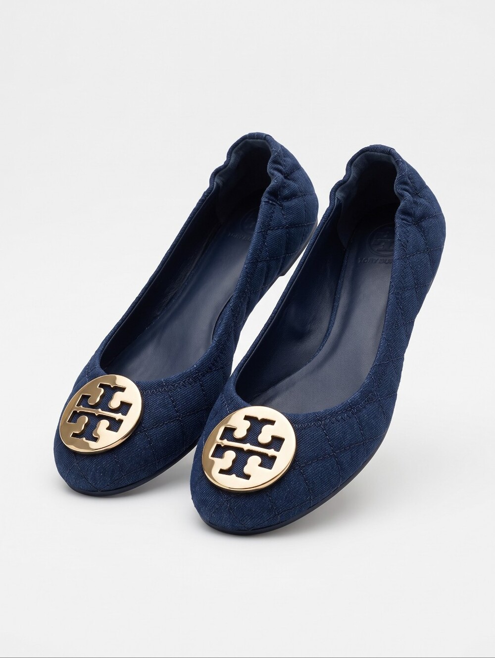 Tory Burch Quilted Navy Denim Logo Round-Toe Ballet Flats